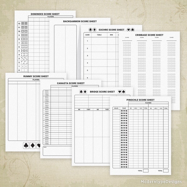 Card Game Scoring Sheets Printable Digital Download, Pinochle, Euchre, Dominoes, Cribbage, Canasta, Rummy, Bridge, Backgammon Score, gam011