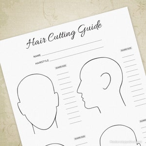 Guide de coupe de cheveux, forme imprimable, dimensions de la tondeuse, tableau des gardes, carnet de coiffures, dessin de tête, tableau des fichiers numériques, téléchargement immédiat, bea001