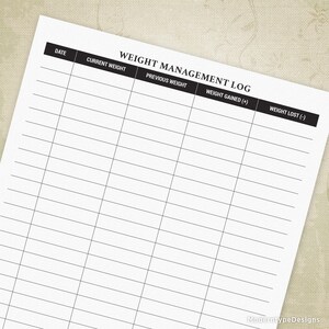 Afdrukbaar logformulier gewichtsbeheersing, gewichtsverliestracker, gezondheid, wellness, trainingplanner, dagboek, dagboek, digitaal bestand, wml001