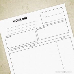 Work Bid Printable, Job Proposal, Company Business Forms, Digital File, prq006
