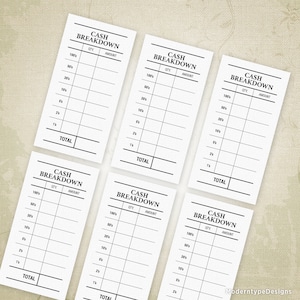 Small Cash Breakdown Printable, 2.83 x 5.5 on Letter, Envelope Slip Sheet, Dollar Bills Total, Digital File Chart, Instant Download, dar008