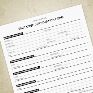 Employee Information Printable Form, New Hire Sheet, Digital File, Instant Download, Custom Editable Title, ecf002