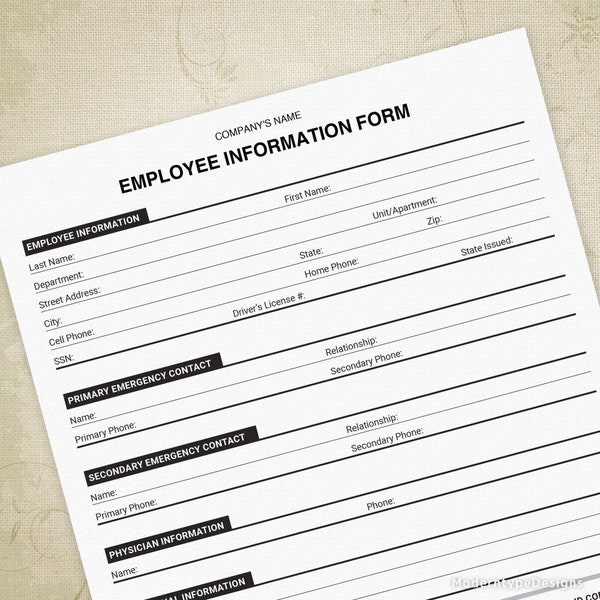 Employee Information Printable Form, New Hire Sheet, Digital File, Instant Download, Custom Editable Title, ecf002