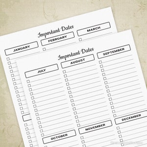 Belangrijke data afdrukbare digitale download, maandplanner, lijst met geboortedata per maand, cal002