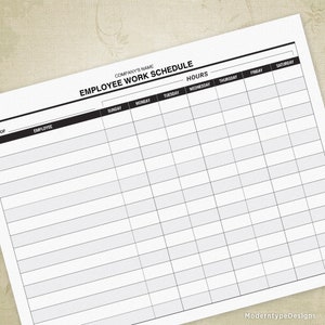 May include: A black and white printable employee work schedule template with the words "Company's Name" and "Employee Work Schedule" at the top. The template includes columns for "Sunday", "Monday", "Tuesday", "Wednesday", "Thursday", "Friday", and "Saturday".