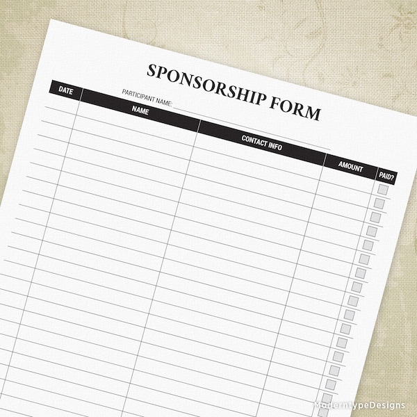 Sponsorship Sign Up Printable Form, Event for Sponsors, Fundraiser Donations List, Instant Download, spf002