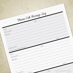 Phone Call Message Log Printable, Voicemail Tracker, Answering Machine Record, Message Planner, Digital File Chart, Instant Download, pcm001