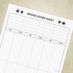 Scorebladen bridgespel, afdrukbaar, digitale downloadtabel, gam005