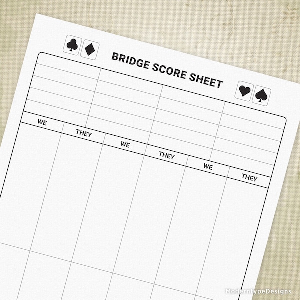 Bridge Spiel Score Sheets, bedruckbar, Digital Download Chart, gam005