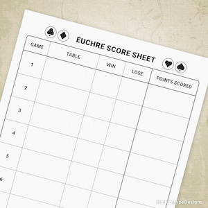 Hojas de puntuación del juego de Euchre, tabla imprimible y descargable digitalmente, gam008