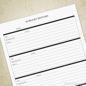 Surgery History Printable Form for Patients, Doctor Visit Records, Health Insurance, Out-patient Notes, Instant Download, Digital, med002