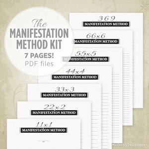 May include: A set of seven printable PDF pages for a manifestation method kit. Each page features a different number of lines, ranging from 11 to 369, with the text "MANIFESTATION METHOD" at the top of each page.