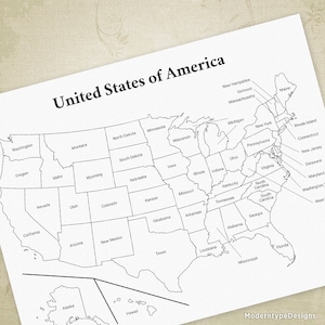 Druckbare Karte der USA, Zeichnung, Cha Ching, Staaten und Hauptstädte, digitale Datei, Instant Download, Map001
