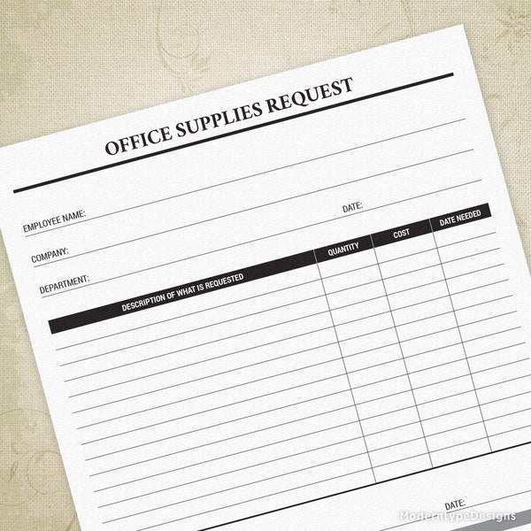 Office Supplies Request Printable Form, Business Expense, Office Equipment, Digital File Chart, Instant Download, osr004