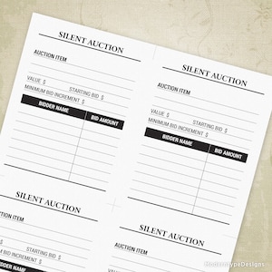 Hoja de oferta para subasta silenciosa imprimible, 4 hojas en tamaño carta, planificador de eventos para recaudación de fondos, archivo digital, descarga instantánea, auc002