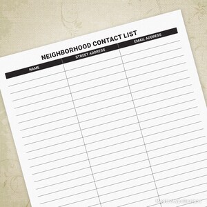 Feuille d'inscription à la liste des contacts du quartier, tracker d'adresses imprimable, journal de surveillance des voisins, fichier numérique, téléchargement immédiat, con002