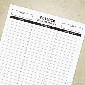 Potluck Sign Up Sheet, Fundraiser Dinner, Supper Covered Dish, Dish-to-Pass, Fellowship Meal, Digital File, Instant Download, pls001