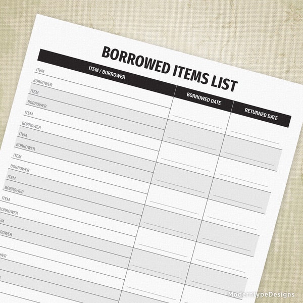 Borrowed Items List Printable, Lending Reminder, Household Supplies Chart, Neighbor Return Tracker, Digital File, Instant Download, icl011