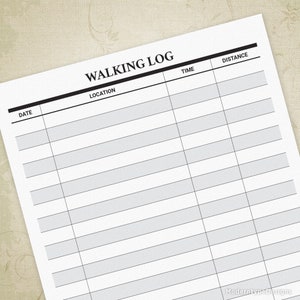 May include: A printable walking log with columns for date, location, time, and distance.