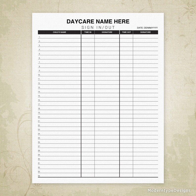 Daycare Sign In And Out Printable Form Parent Sign in Sheet Etsy Canada