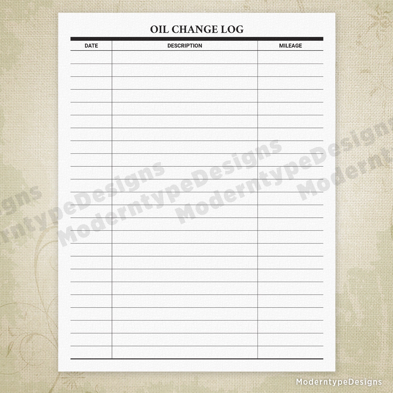 Oil Change Log Printable Form, Car Maintenance Tracker, Mower, Truck