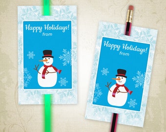 Holiday Pencil Insert Printable, Snowman Party Favor, Glow Stick Tag Gift, Personalized Daycare Digital File, Instant Download, hti004