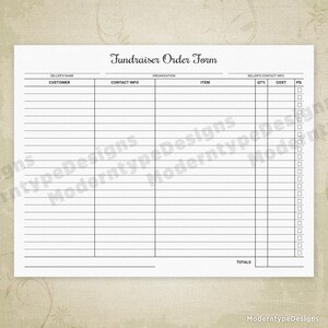 May include: A blank fundraiser order form with columns for customer name, contact information, organization, item, quantity, cost, and paid. The form has a section for totals at the bottom.
