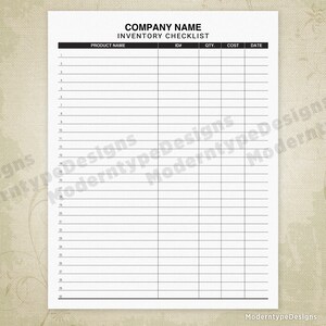 K&ouml;nnte beinhalten: Eine schwarz-wei&szlig;e druckbare Inventarliste mit dem Titel "COMPANY NAME INVENTORY CHECKLIST". Die Checkliste enth&auml;lt Spalten f&uuml;r Produktname, ID, Menge, Kosten und Datum.