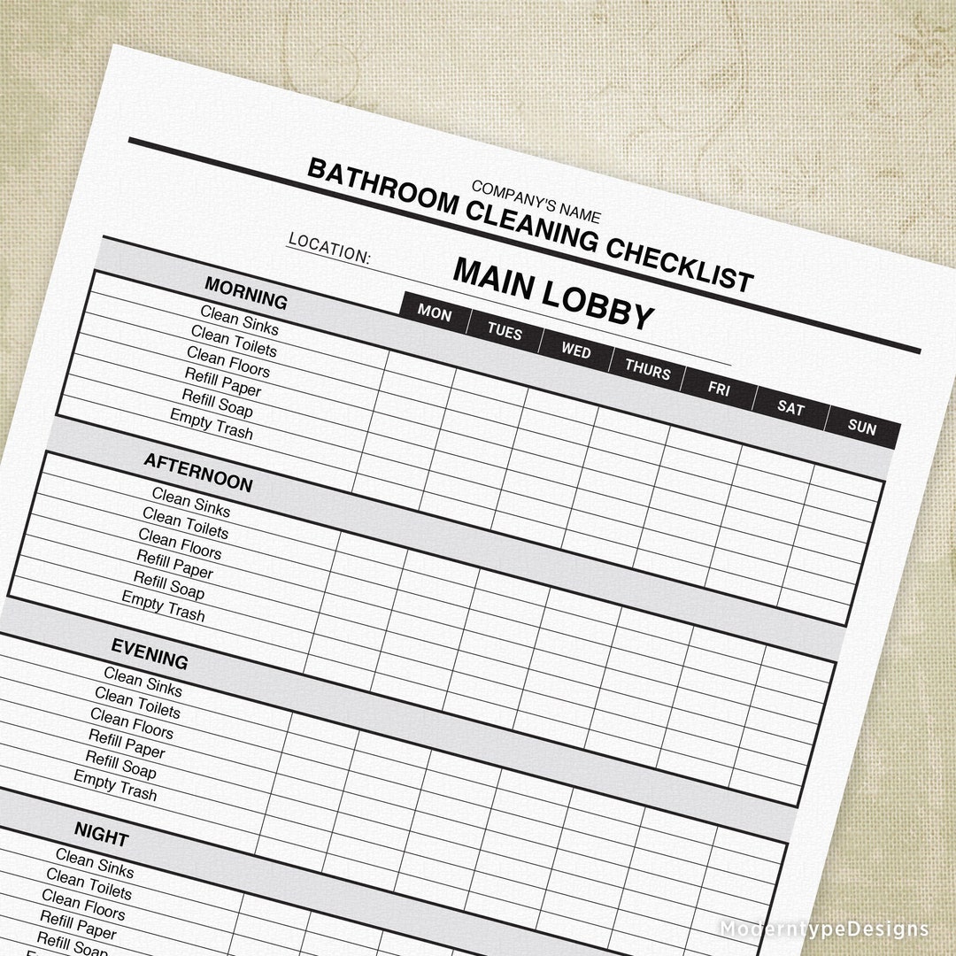 Bathroom Cleaning Checklist Printable Form, Restroom Clean Schedule ...