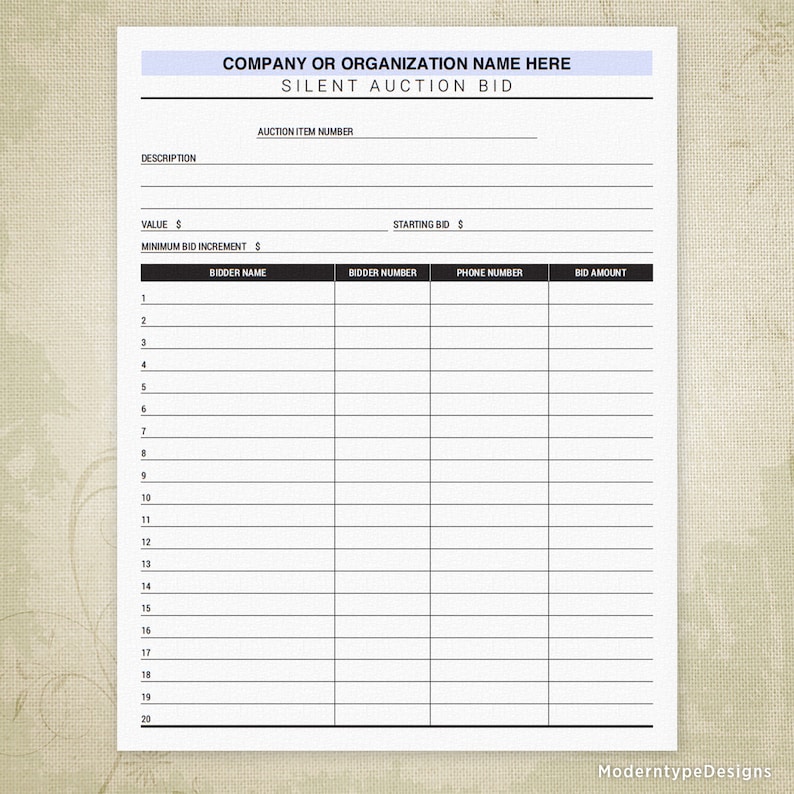 Silent Auction Bid Sheet Free Printable