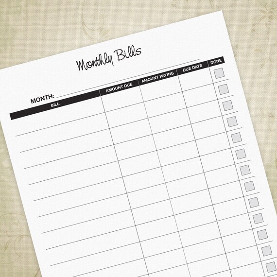 monthly bill tracker printable
