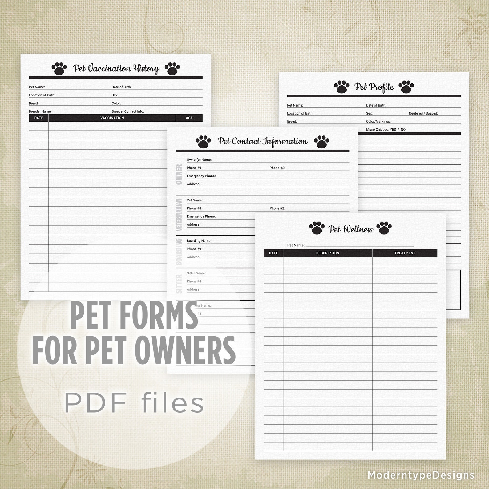 Pet Forms Kit for Pet Owners Printable, Pet Documents, Pet Forms