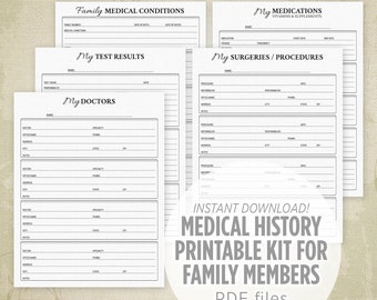 Medical History Printable Kit for Family Members, My Doctors, Medications, Surgeries, Test Results, Digital, Instant Download, hea003