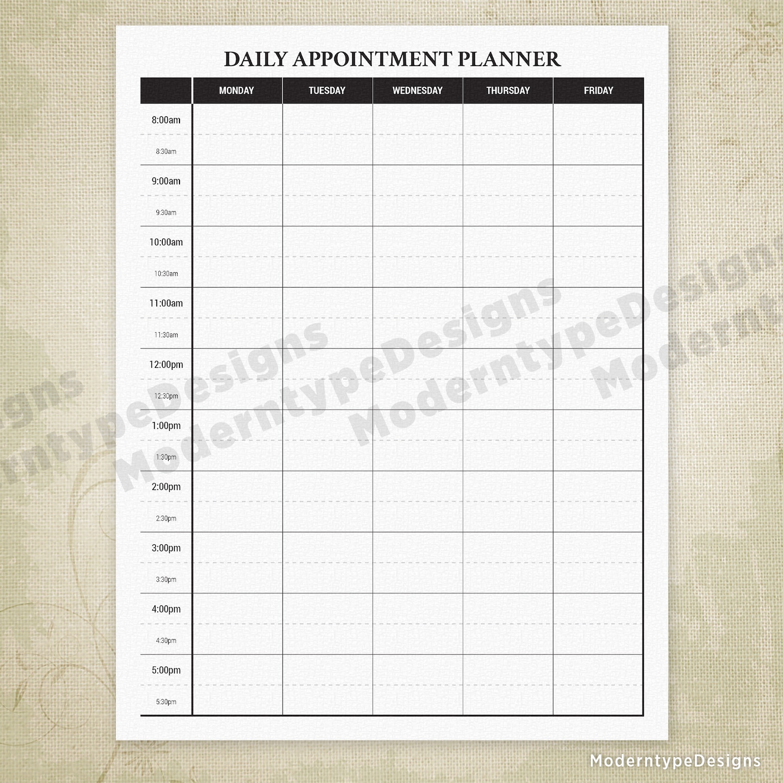 Daily Appointment Planner Printable, 5 and 7 Days of the Week, Simple ...