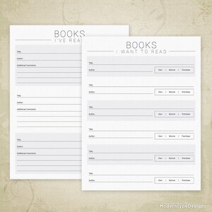 May include: Printable book list tracker with two sections: "Books I've Read" and "Books I Want to Read". Each section has space to list the title, author, and additional comments. The "Books I Want to Read" section also has checkboxes for "Own", "Borrow", and "Purchase".