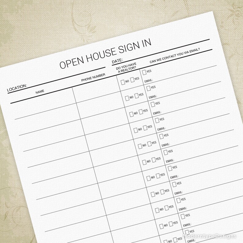 Realtors Sign In Sheet Printable Real Estate Planner Open | Etsy