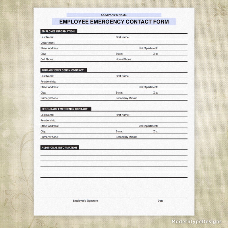 emergency contact printable form employee information etsy