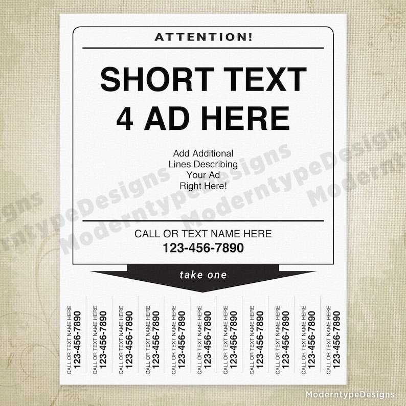 Digital File Instant Download For Rent or Sale Ad Printable Flyer Sign with Tear Off Tabs tof001 Editable Fields Wanted Poster