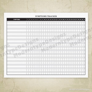 May include: A black and white printable symptoms tracker with a header that says "Symptoms Tracker". The tracker has 31 columns for each day of the month and 20 rows for different symptoms.