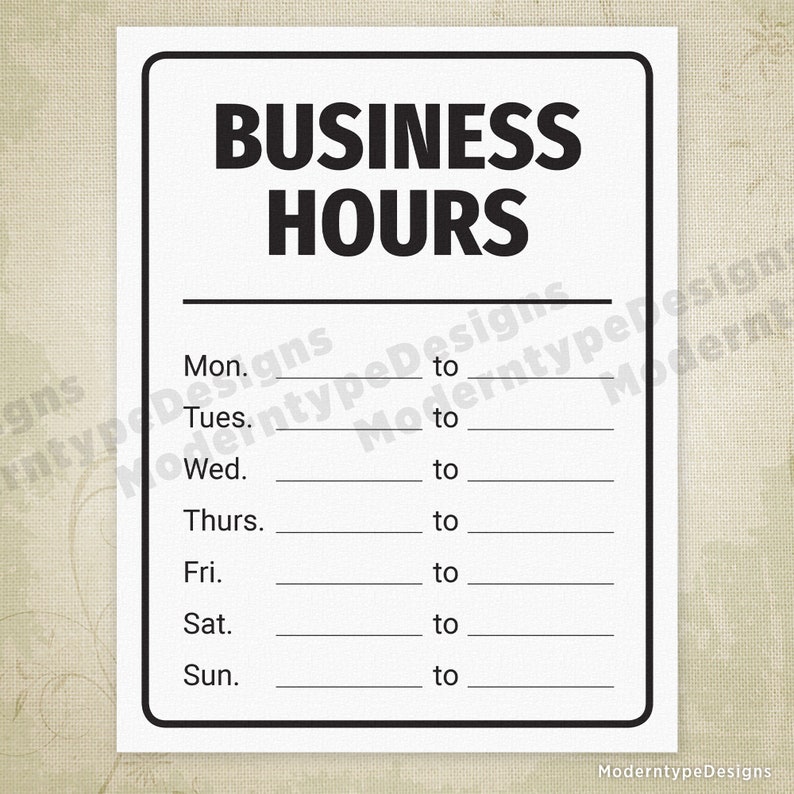 Business Hours Printable Sign Operation Professional Open Etsy