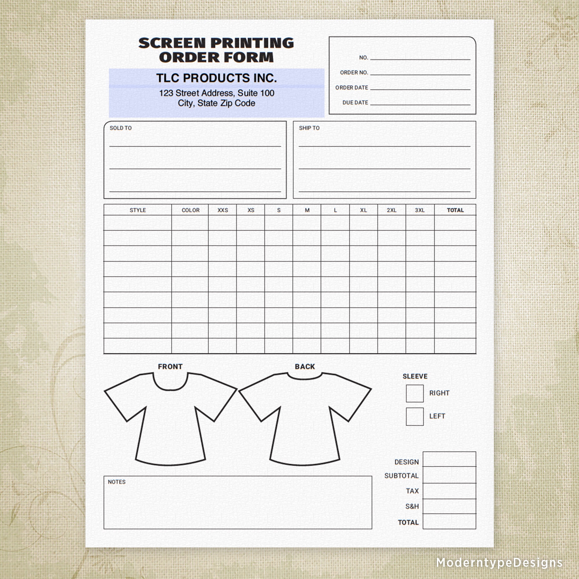 Screen Printing Order Form Printable, T-shirt Business Form, Digital ...