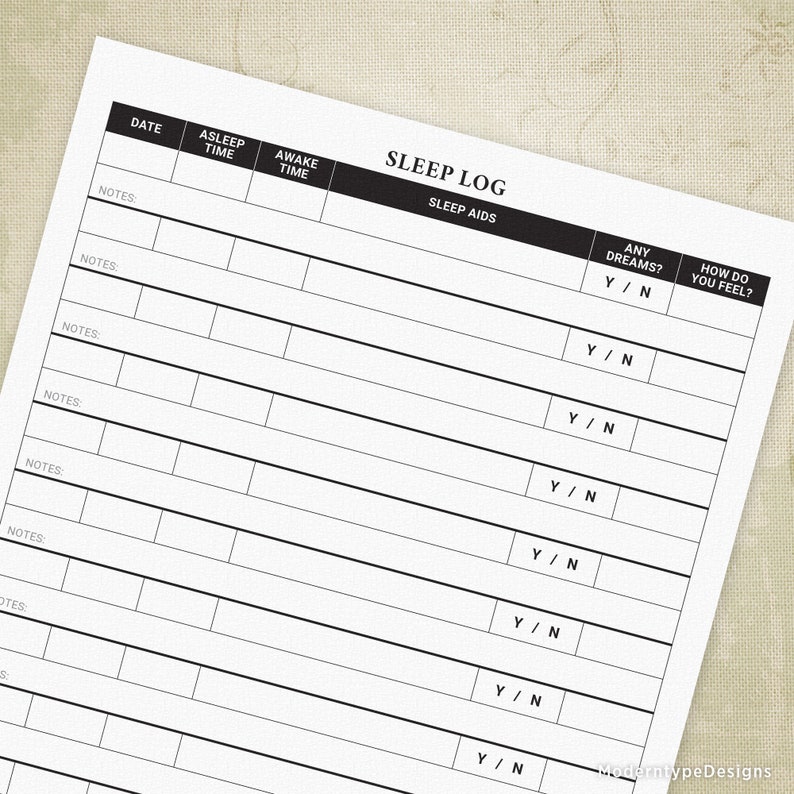 Sleep Log Printable Form, Sleep Schedule Diary, Nighttime Journal, Nap Tracker, Digital File Chart, Instant Download, slp001 image 1