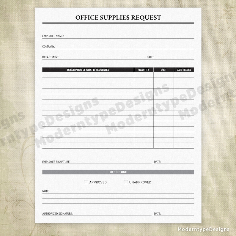 Office Supplies Request Printable Form Business Expense Etsy