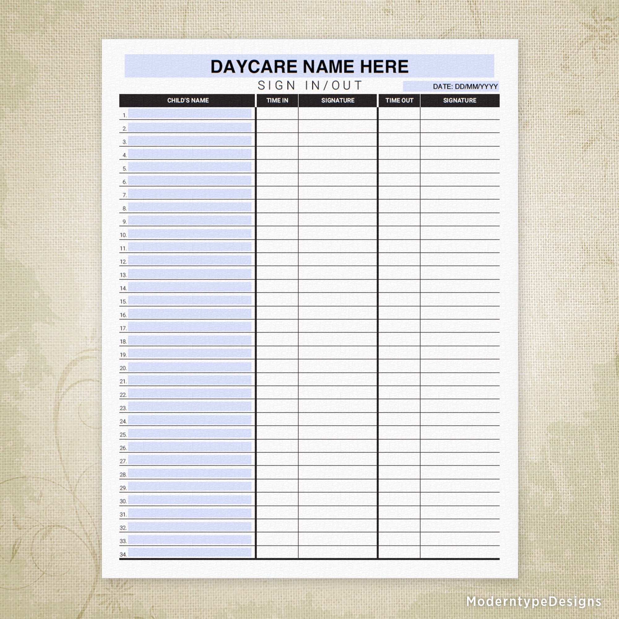 Daycare Sign in and Out Printable Form, Parent Sign-in Sheet, Day Care ...