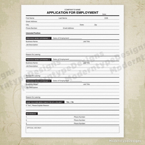 application for employment printable now hiring form job etsy