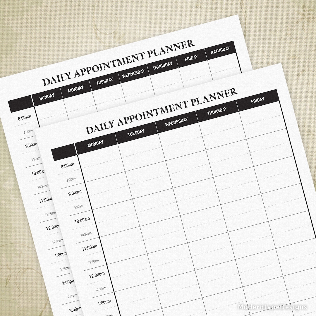 Daily Appointment Planner Printable, 5 and 7 Days of the Week, Simple ...