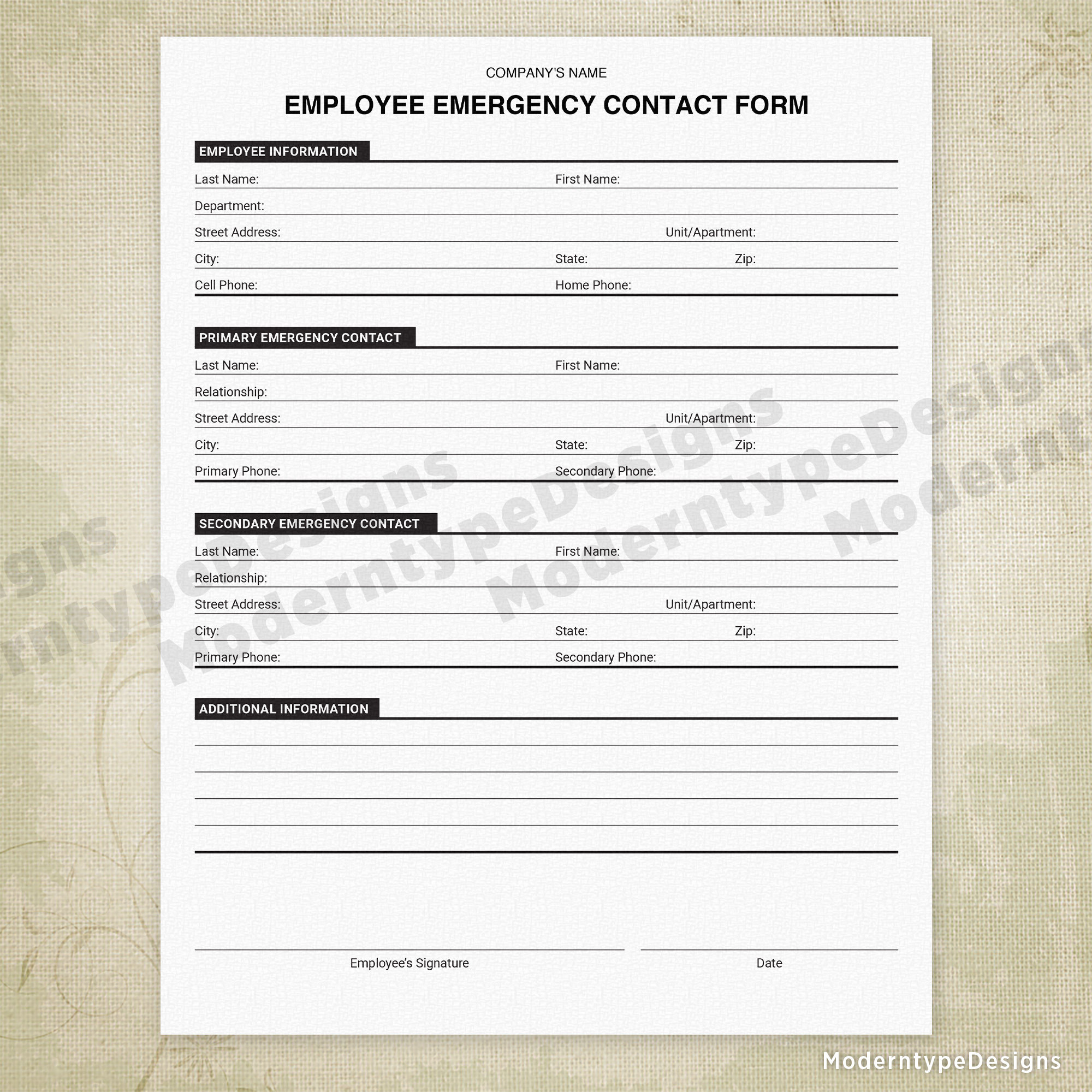 emergency contact printable form employee information etsy uk