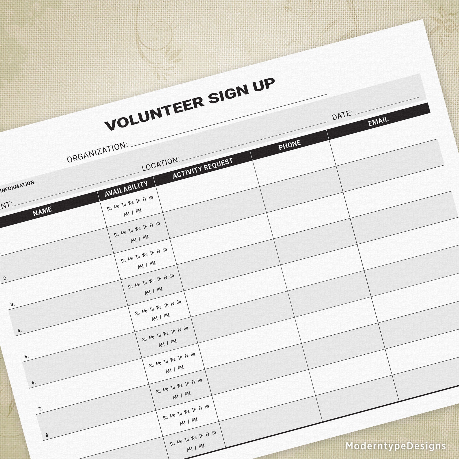 Volunteer Sign up Printable Form, Event Organization Planner for ...