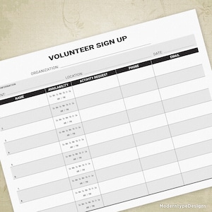 Volunteer Sign Up Printable Form, Event Organization Planner for Parties, Email List, Digital File, Instant Download, vsu001