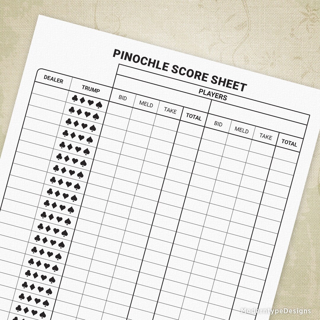 Pinochle Game Score Sheets Printable Digital Download Chart Gam009